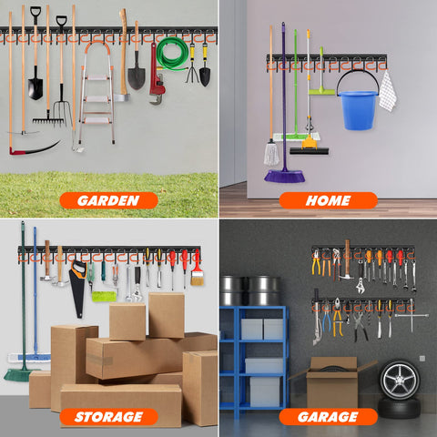 TVKB versatile storage for mops, shovels, broom, and bikes.