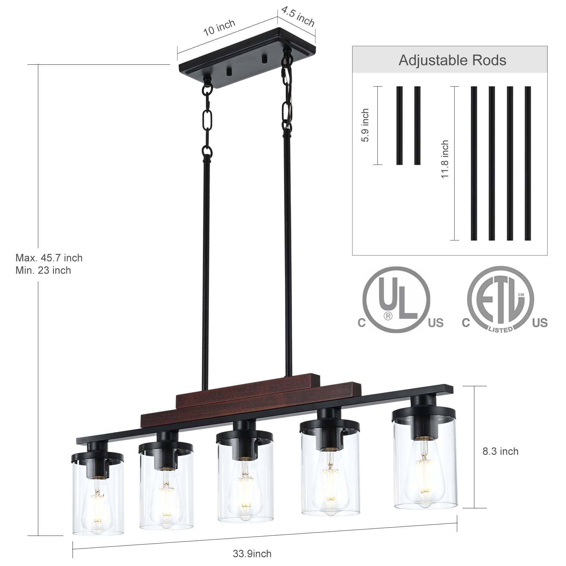 TWIG farmhouse chandelier in matte black complements rustic wood for timeless dining room style.