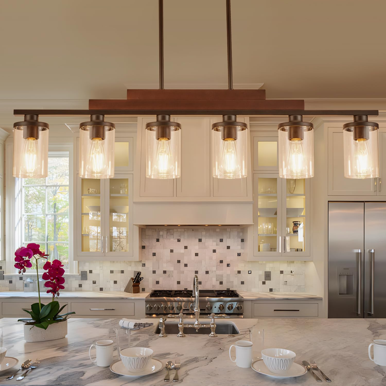 Twig farmhouse island light with adjustable height for custom layouts.