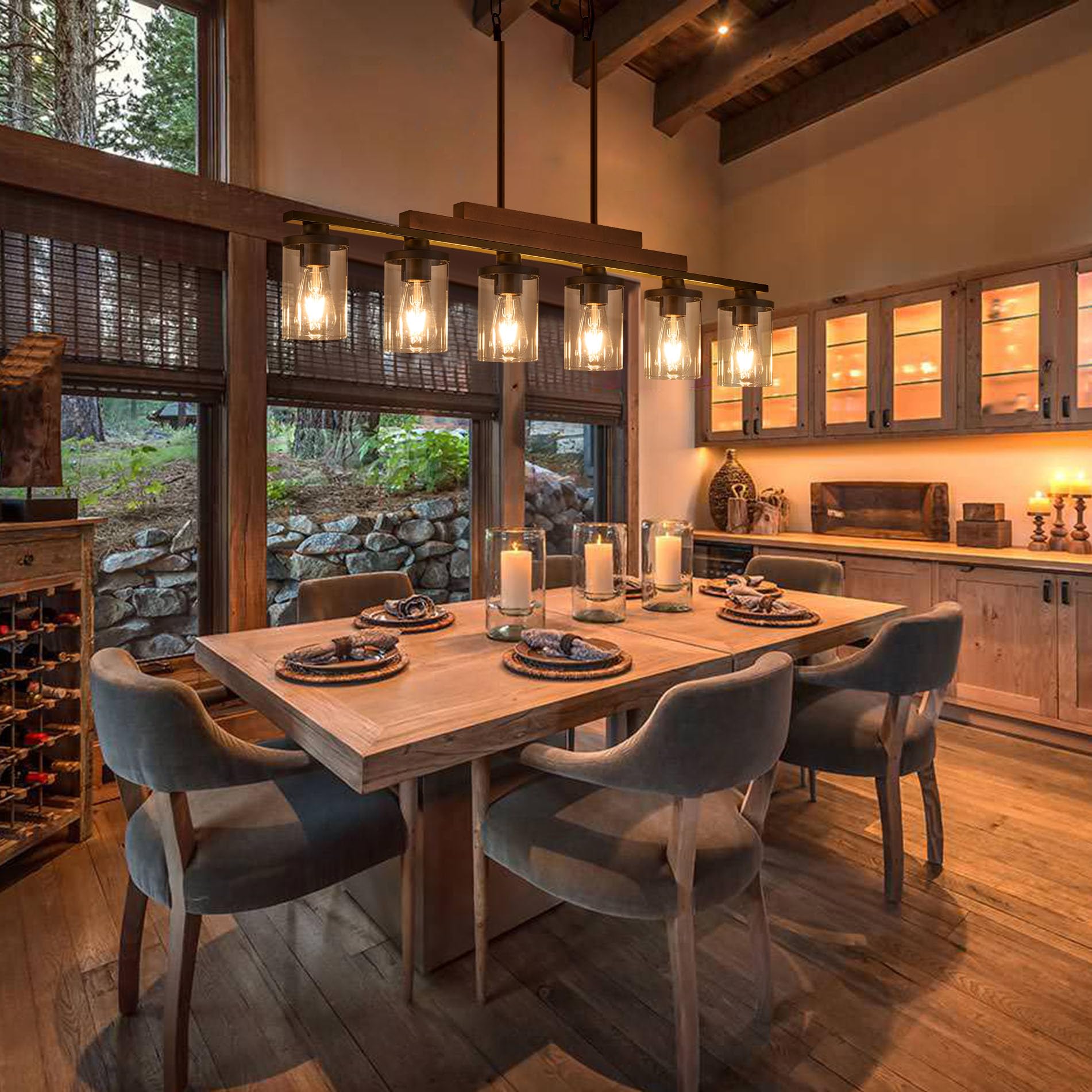 Twig rustic wood pendant design adds vintage charm to kitchen.