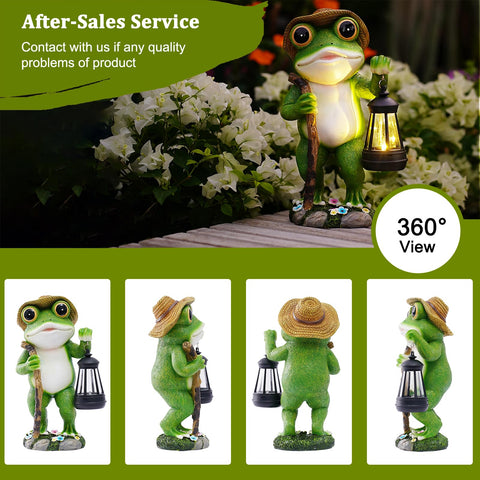 Twinbling frog garden statue enhancing porch ambiance at dusk
