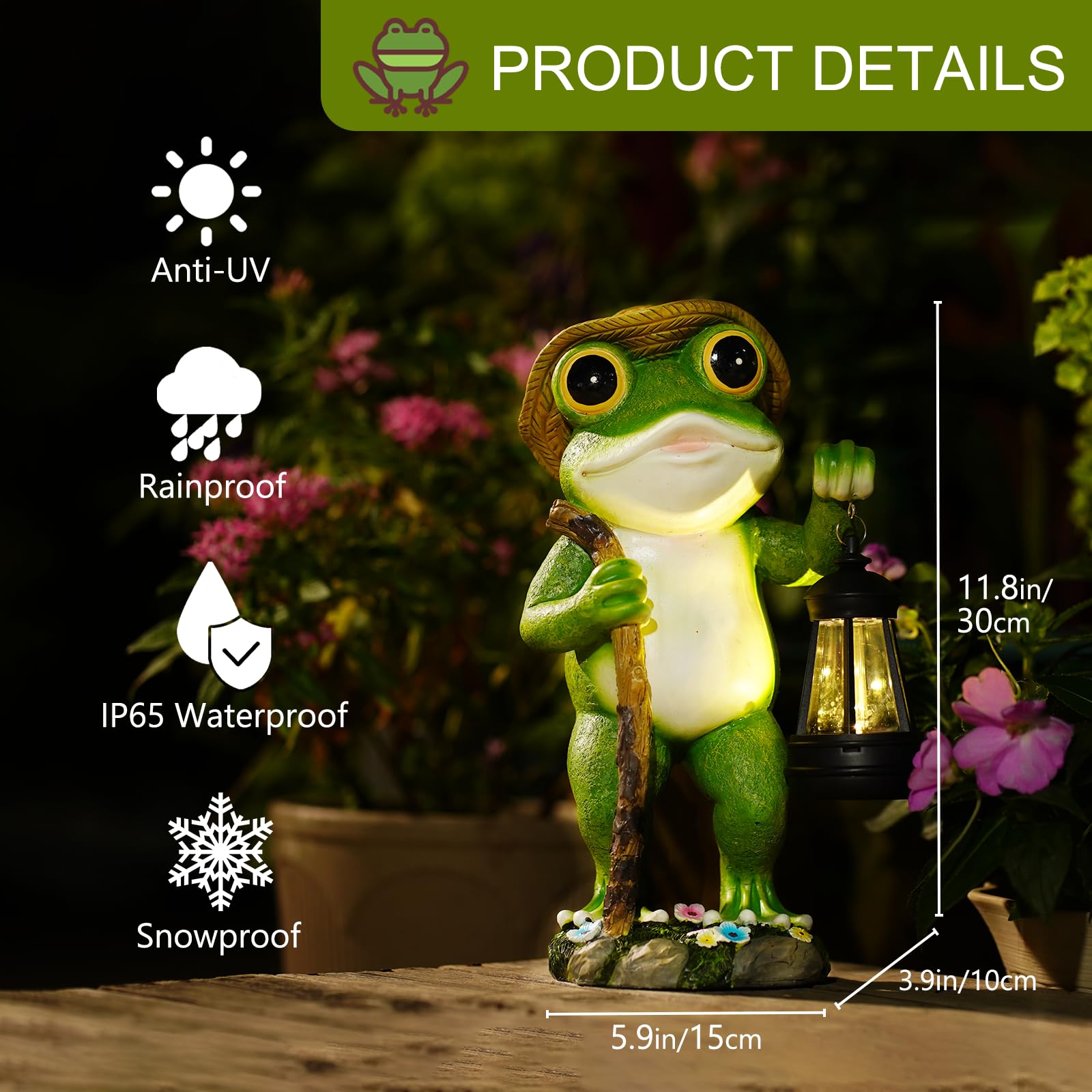 Twinbling yard frog ornament on lawn ready for evening glow