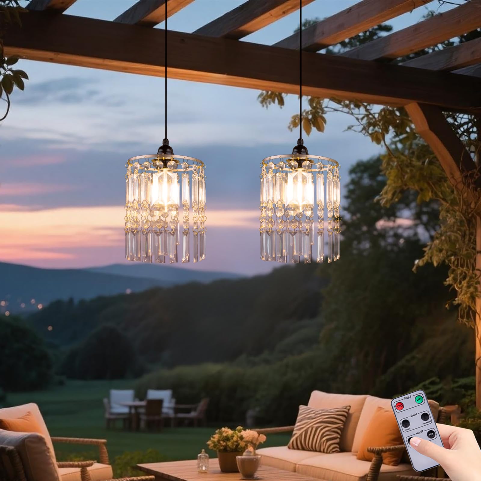 TWINKVILLA battery-operated chandelier close-up with acrylic crystal beads for elegant indoor or outdoor sparkle.
