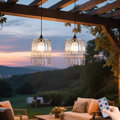 TWINKVILLA battery-operated chandelier close-up with acrylic crystal beads for elegant indoor or outdoor sparkle.