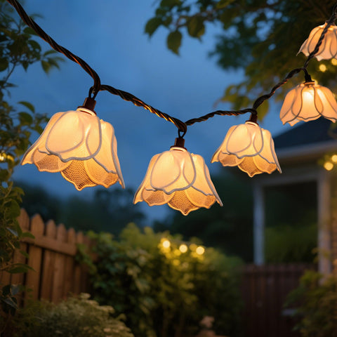 TWINKVILLA floral garland lights with white blossoms for romantic outdoor decor