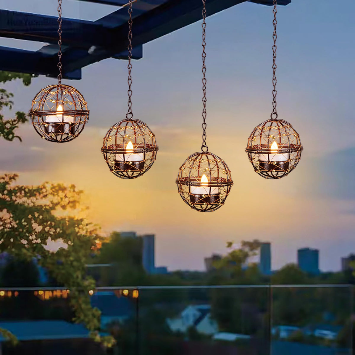 TWINKVILLA outdoor solar hanging lanterns illuminate patios with beaded copper wire accents.