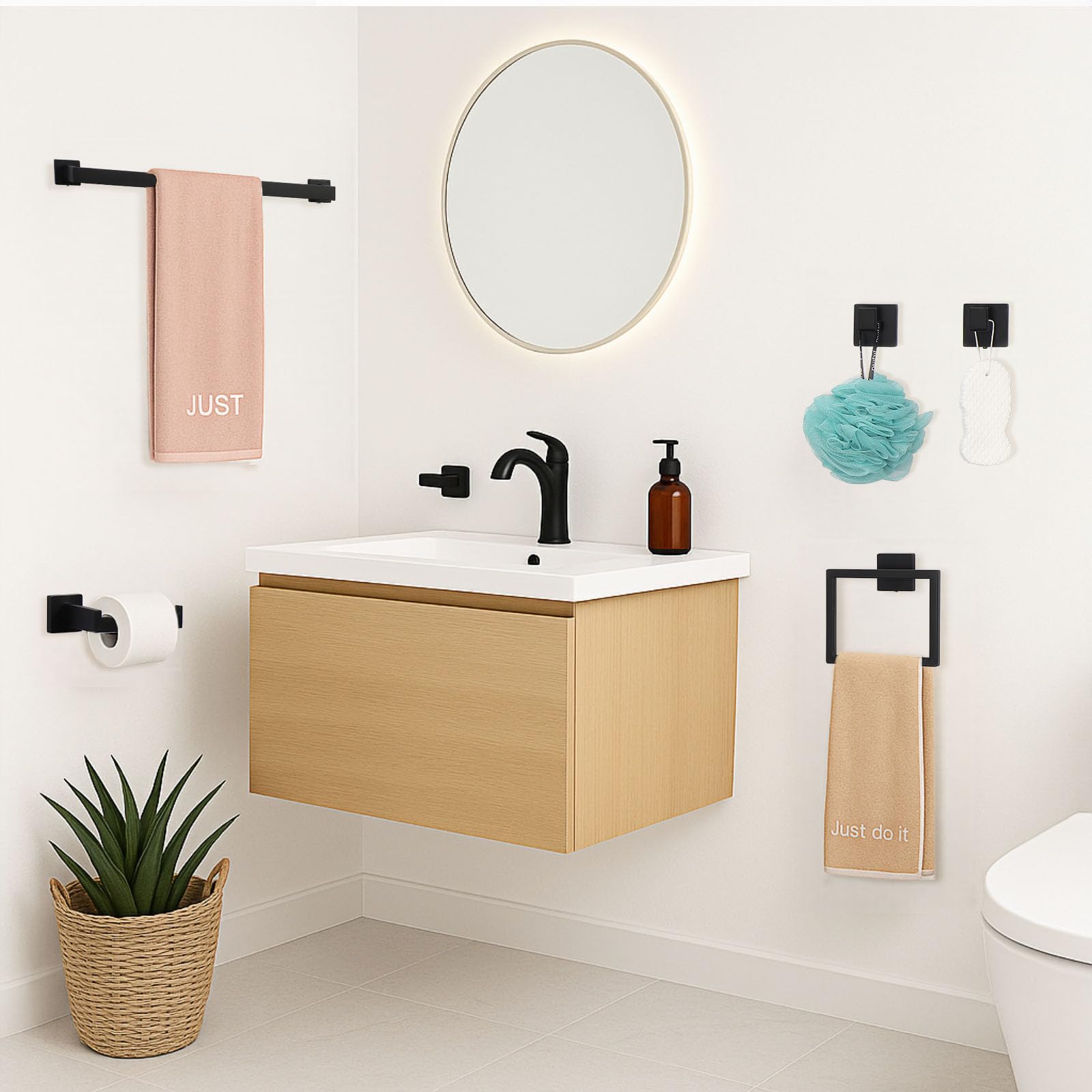 Twirobt towel ring in matte black for convenient, tidy towels.
