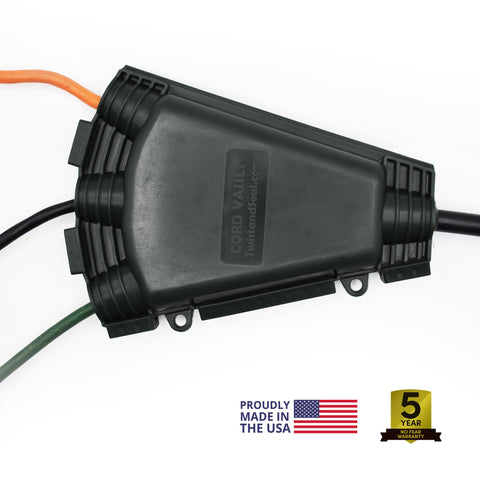 Twist and Seal Cord Vault hinged cover enables easy outdoor setup.