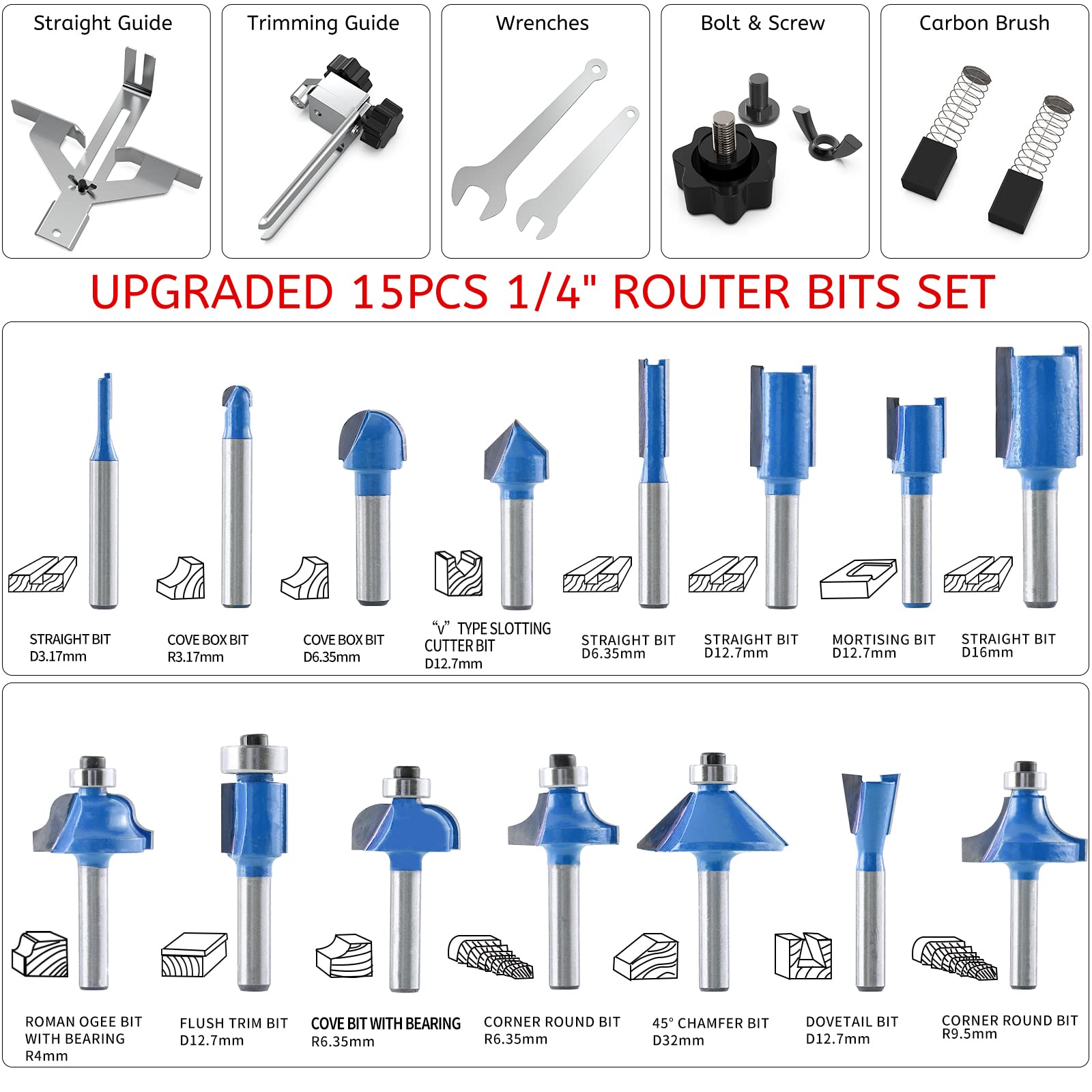 TwoWin router tool 15-piece tungsten carbide bit set included
