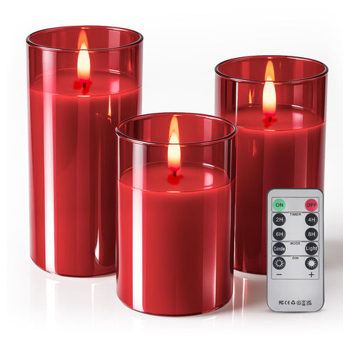 Tyawon glass flameless candles in red glass, delivering a warm table glow.
