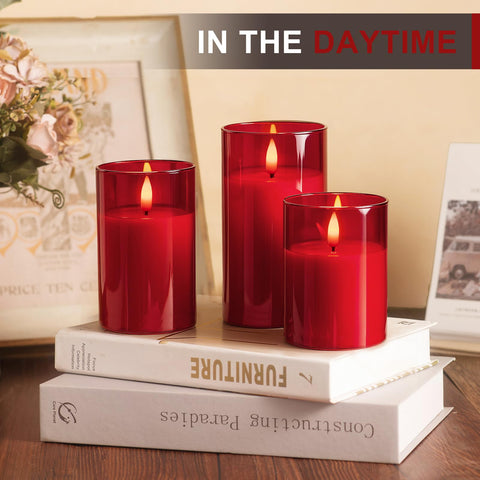 Tyawon 3x5 red glass flameless candle with versatile modes.