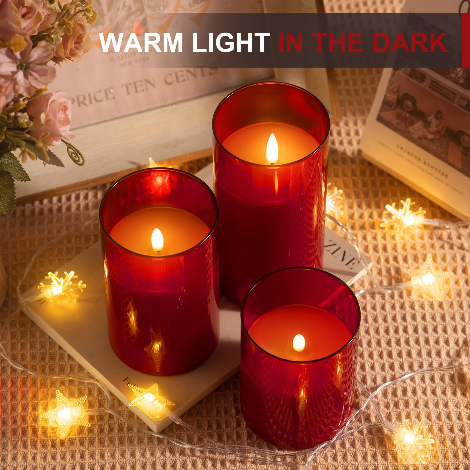 Tyawon 3x6 red glass flameless candle for long-lasting ambiance.