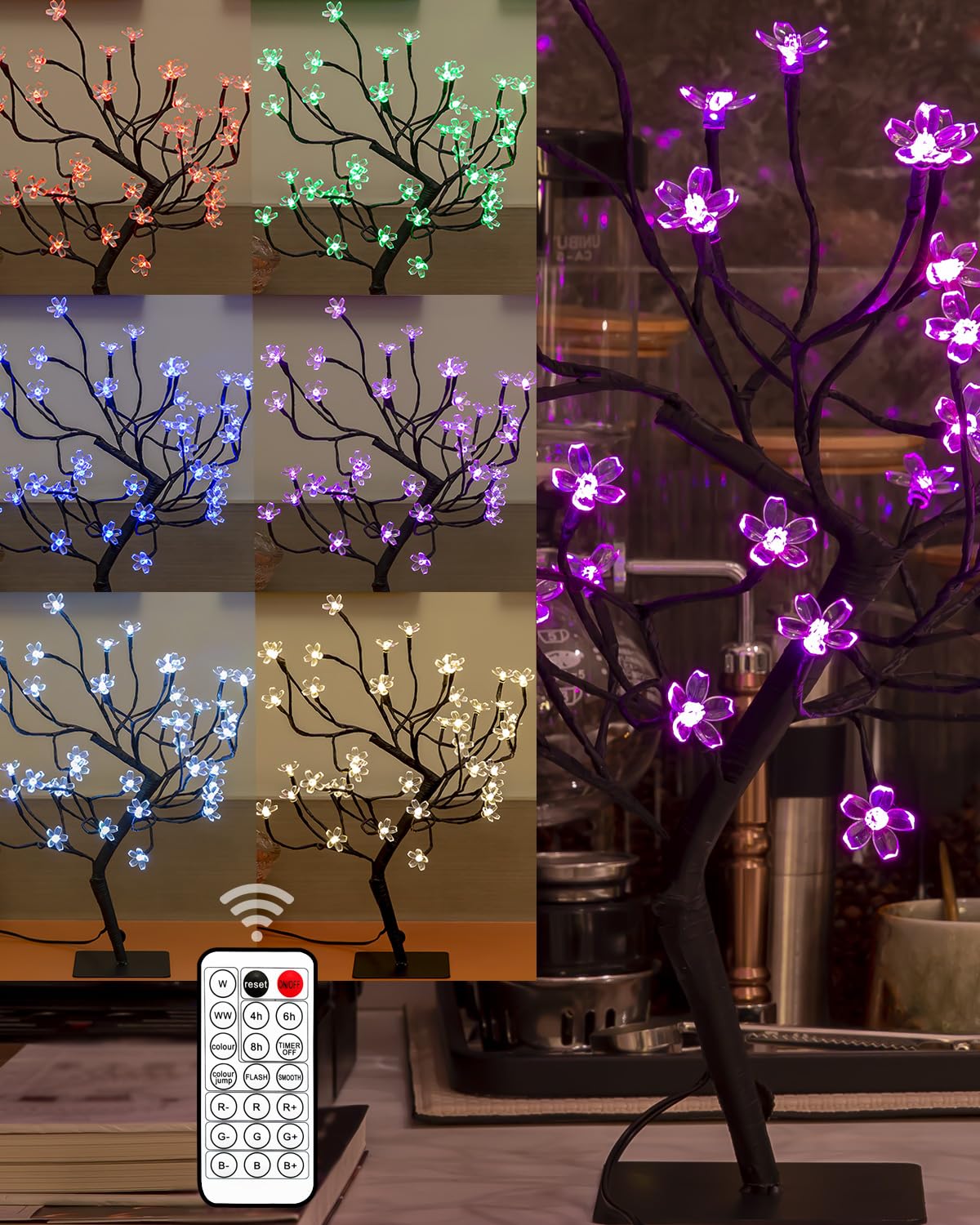 TYBEEU Cherry Blossom Bonsai Tree 20in with soft ambient light and vibrant RGB LEDs.
