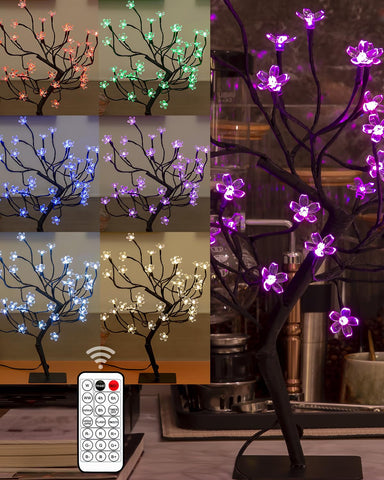 TYBEEU Cherry Blossom Bonsai Tree 20in with soft ambient light and vibrant RGB LEDs.