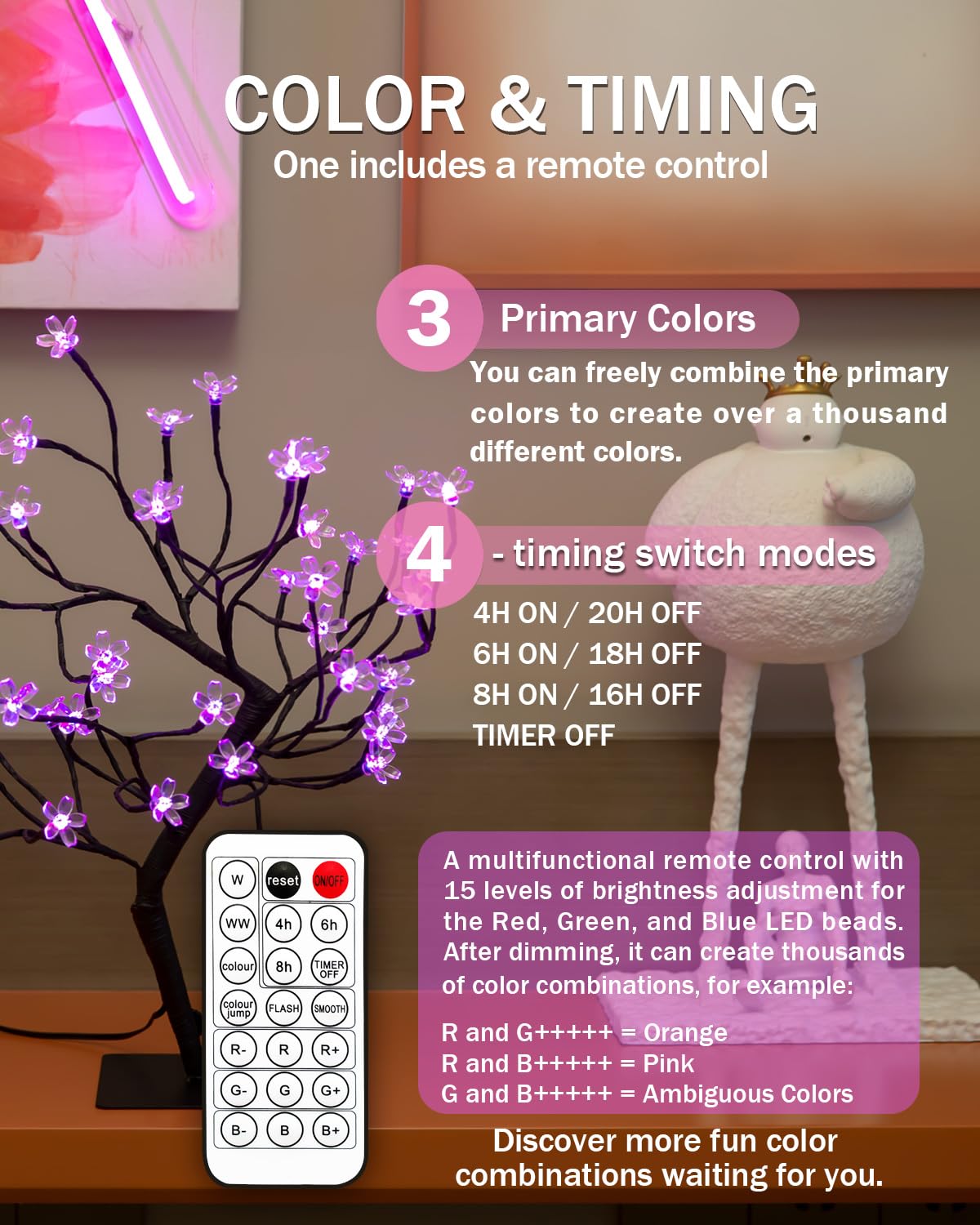 TYBEEU RGB LED bonsai with remote for easy color changes and mood lighting.