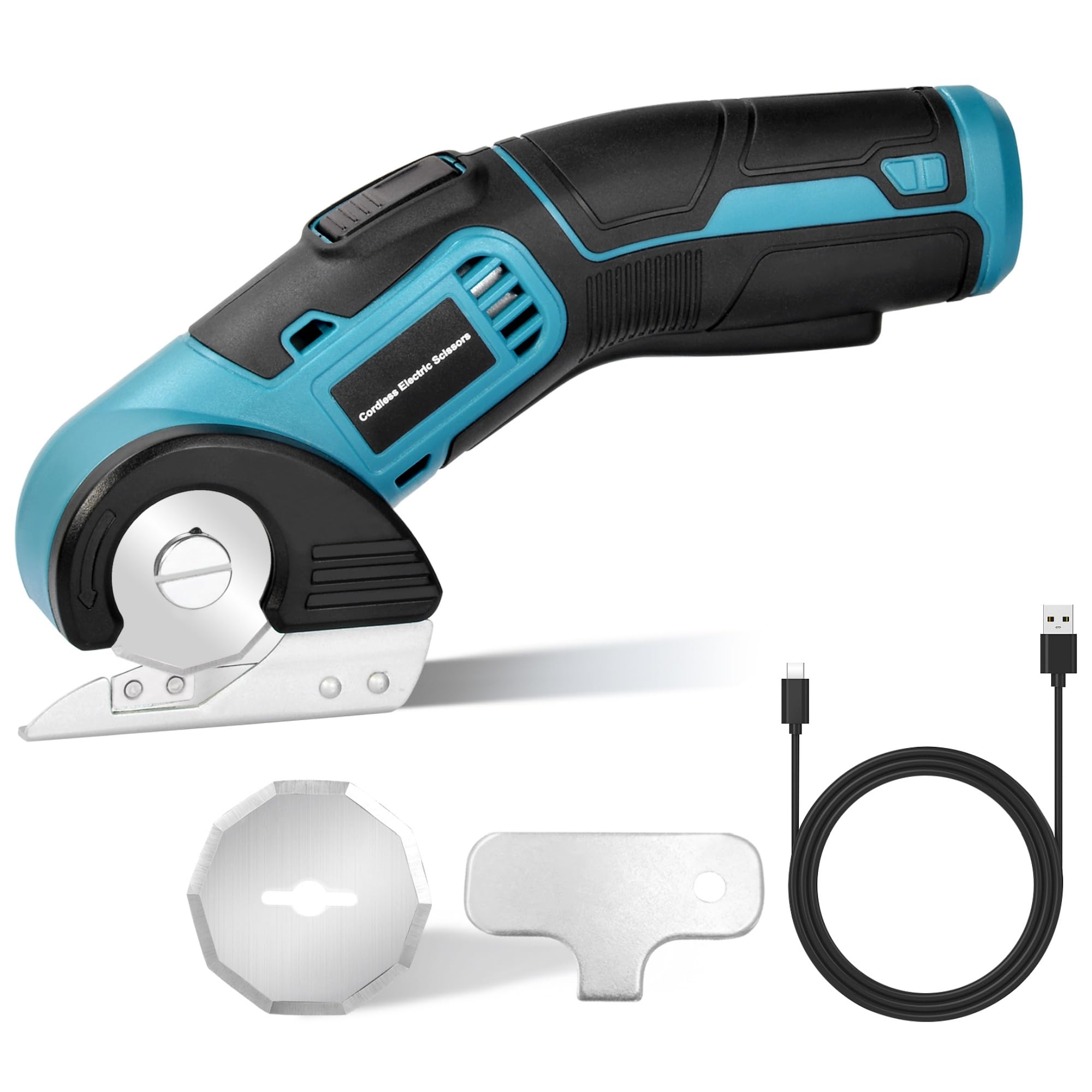 Tyimble TE-200 electric scissors cutting cardboard on a workbench