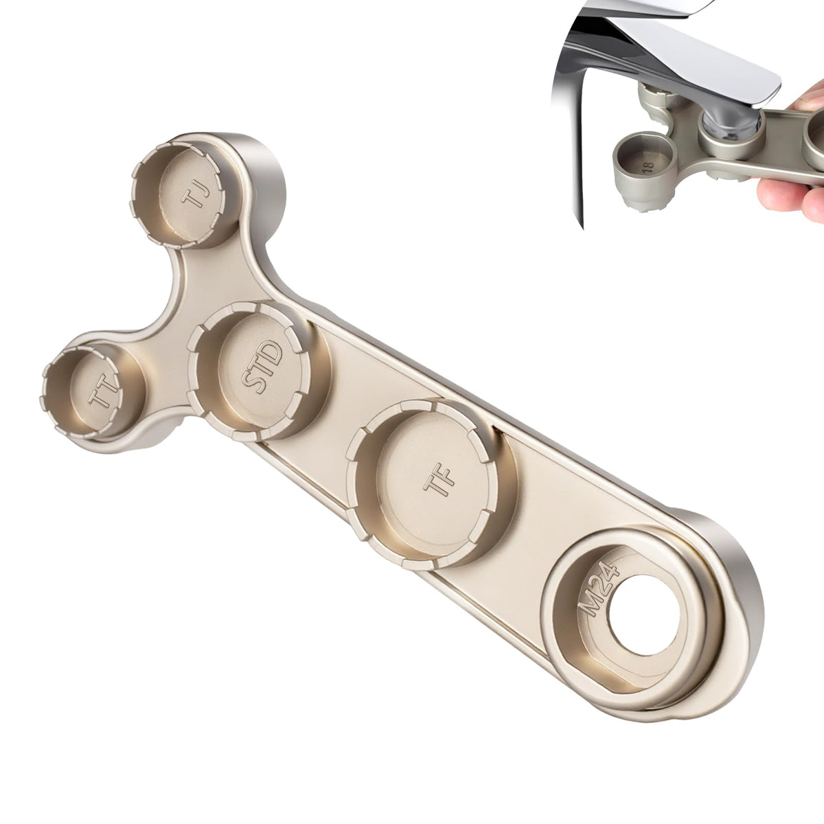Tylola 11-in-1 aerator tool showing universal compatibility for faucet housings