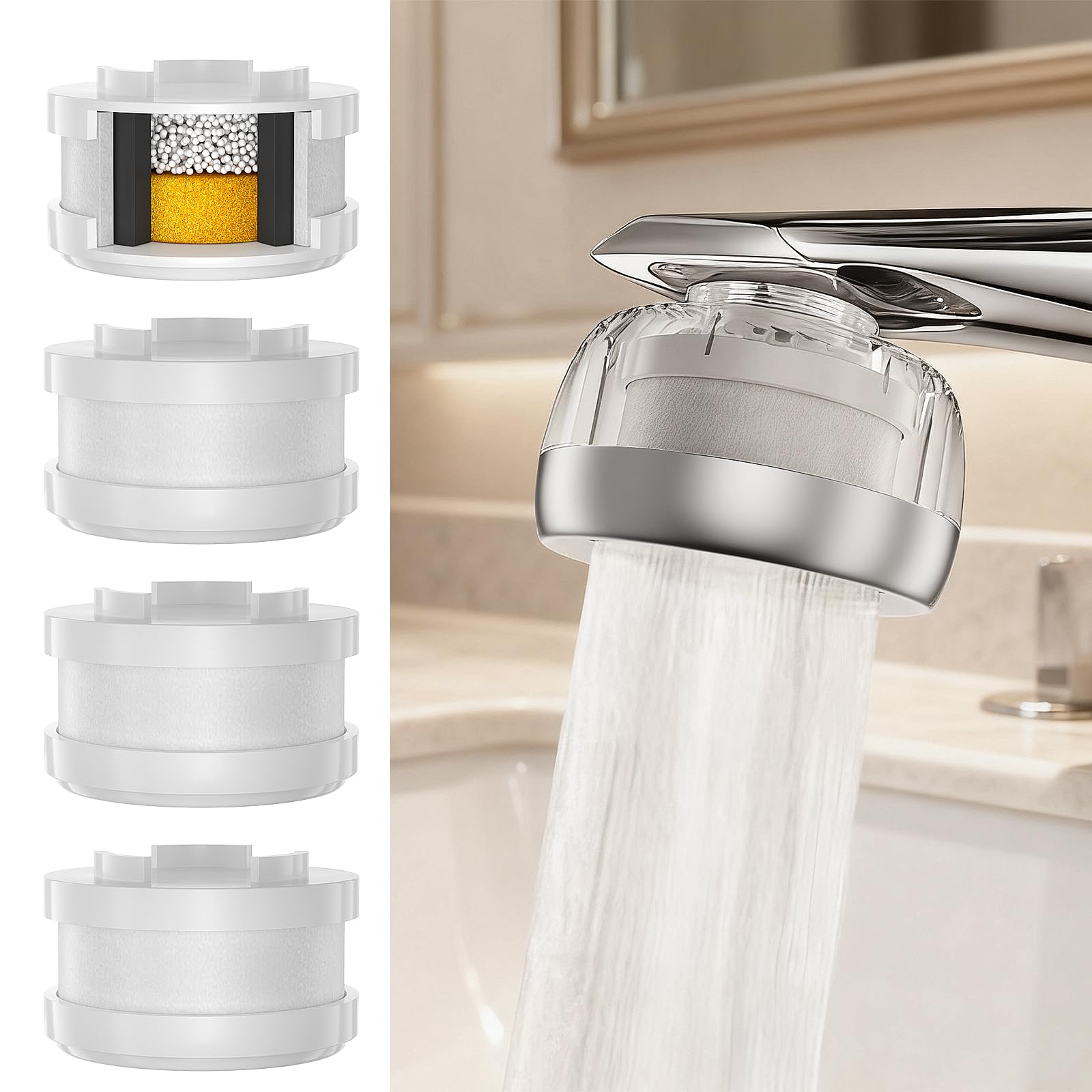 Tylola LongLasting bathroom faucet filter front view for clear water.