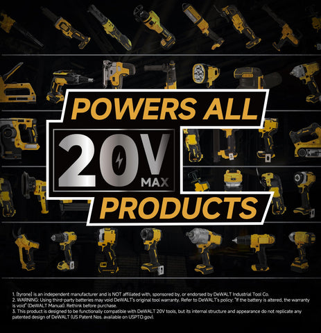 Tyrone 2-pack battery installed with DeWalt tools, broad compatibility.