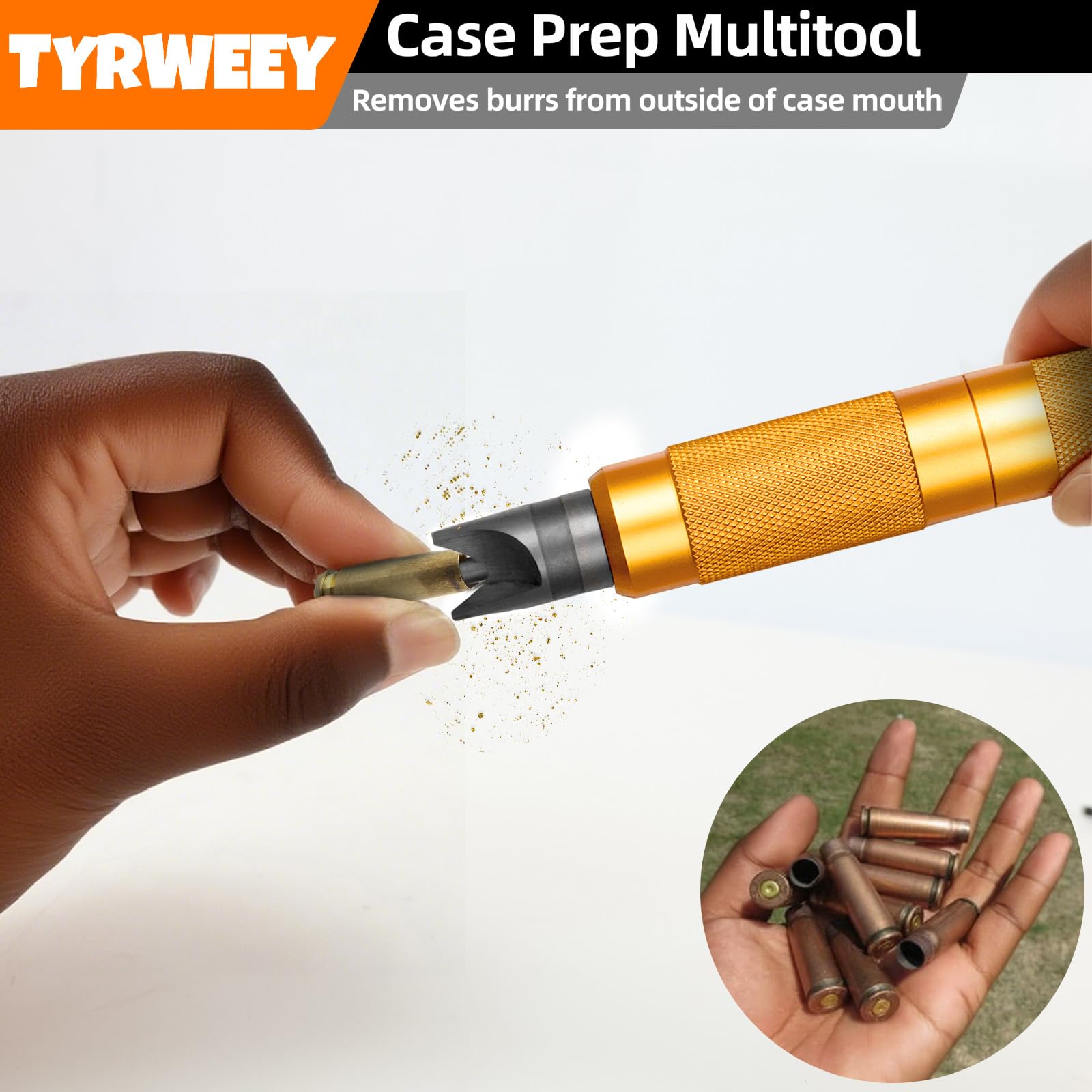 TYRWEEY inside deburring tool clears burrs from case mouth interior.