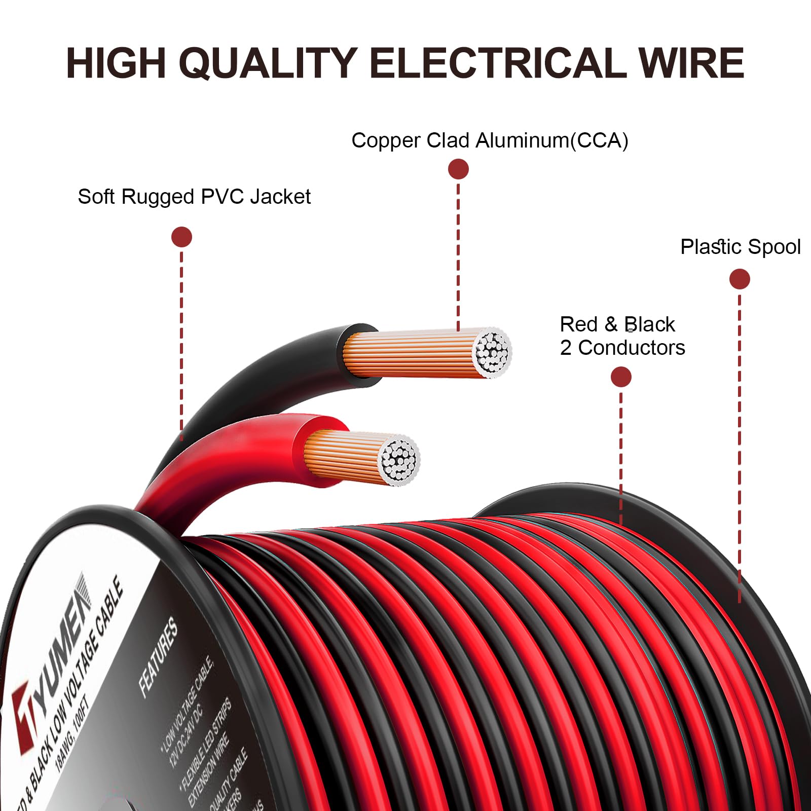 Tyumen red and black 18 AWG wire for DC LED connections.