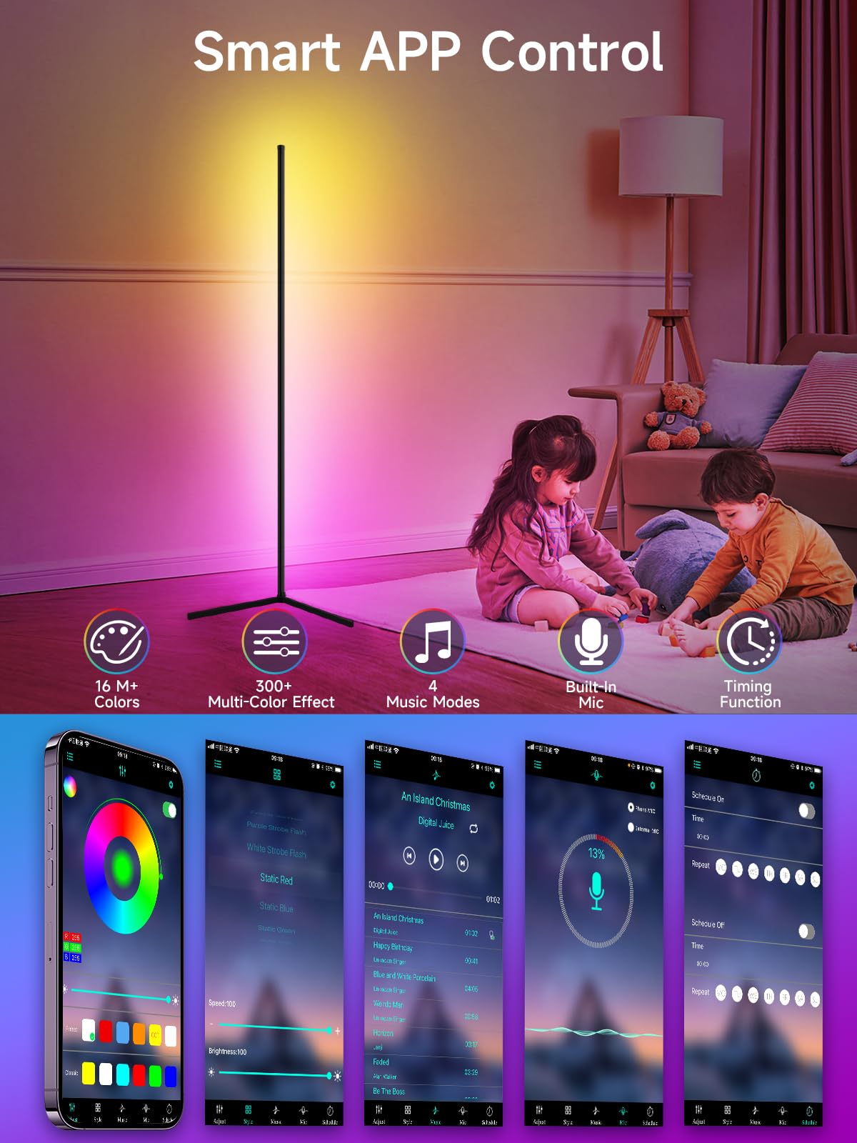 Tyute corner lamp can be controlled via a smart app for easy color and brightness tweaks.
