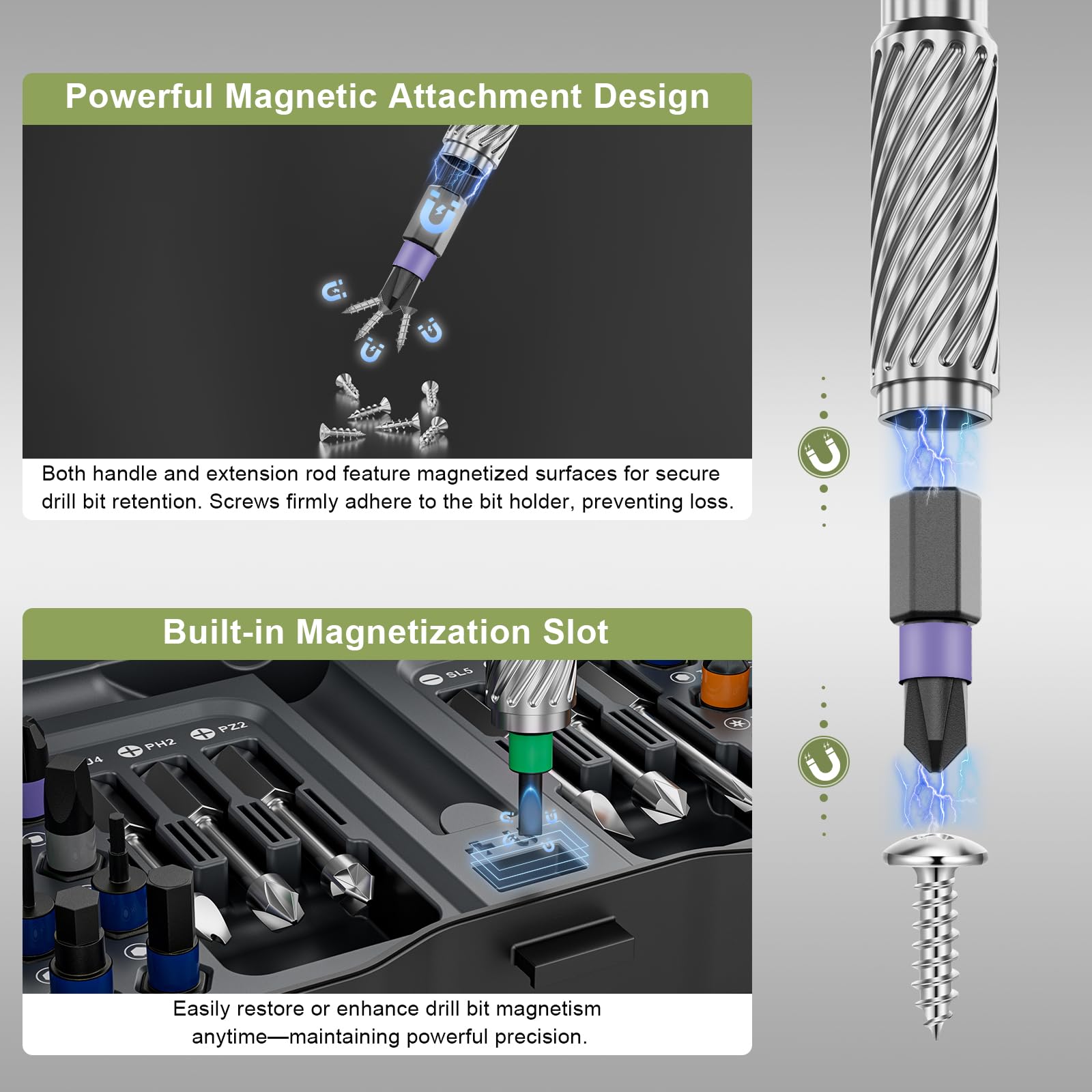 UAGUBSH dual magnetic system keeps screws steady during fast installations.