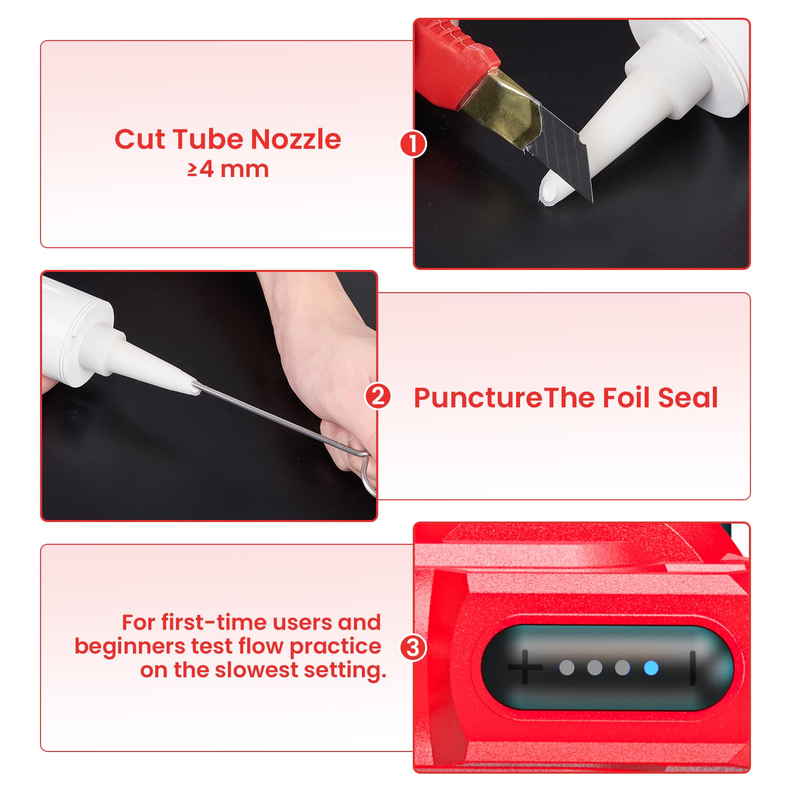 Included 3-in-1 silicone tool kit with pads and nozzles