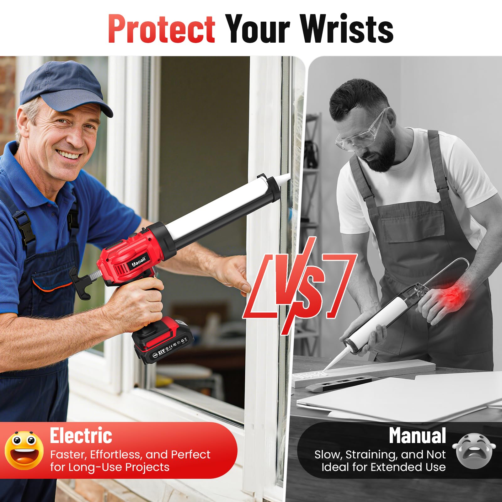 Ergonomic grip on the Uaoaii caulk gun helps reduce hand fatigue