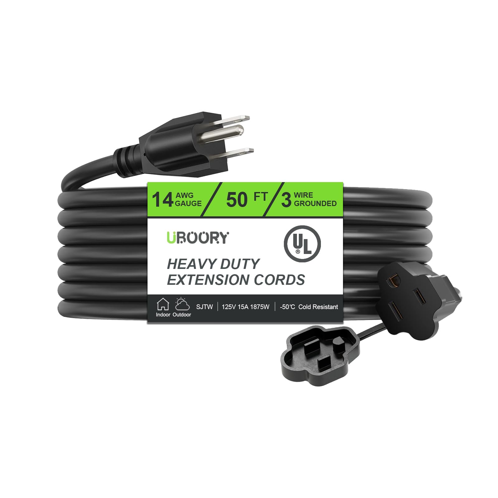 UBOORY outdoor extension cord 50ft coiled view, durable copper for reliable power.