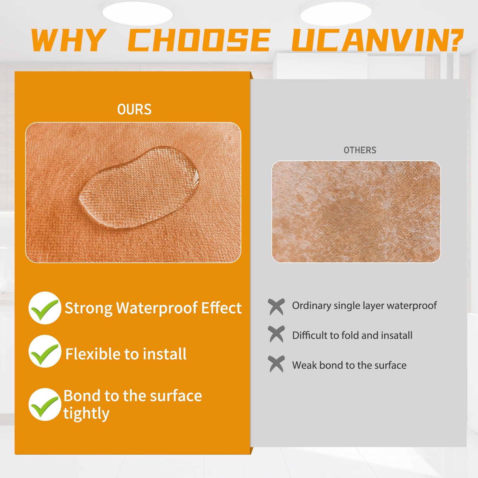 UCANVIN tile-underlayment in shower-wall application demonstrates moisture protection behind tiles.