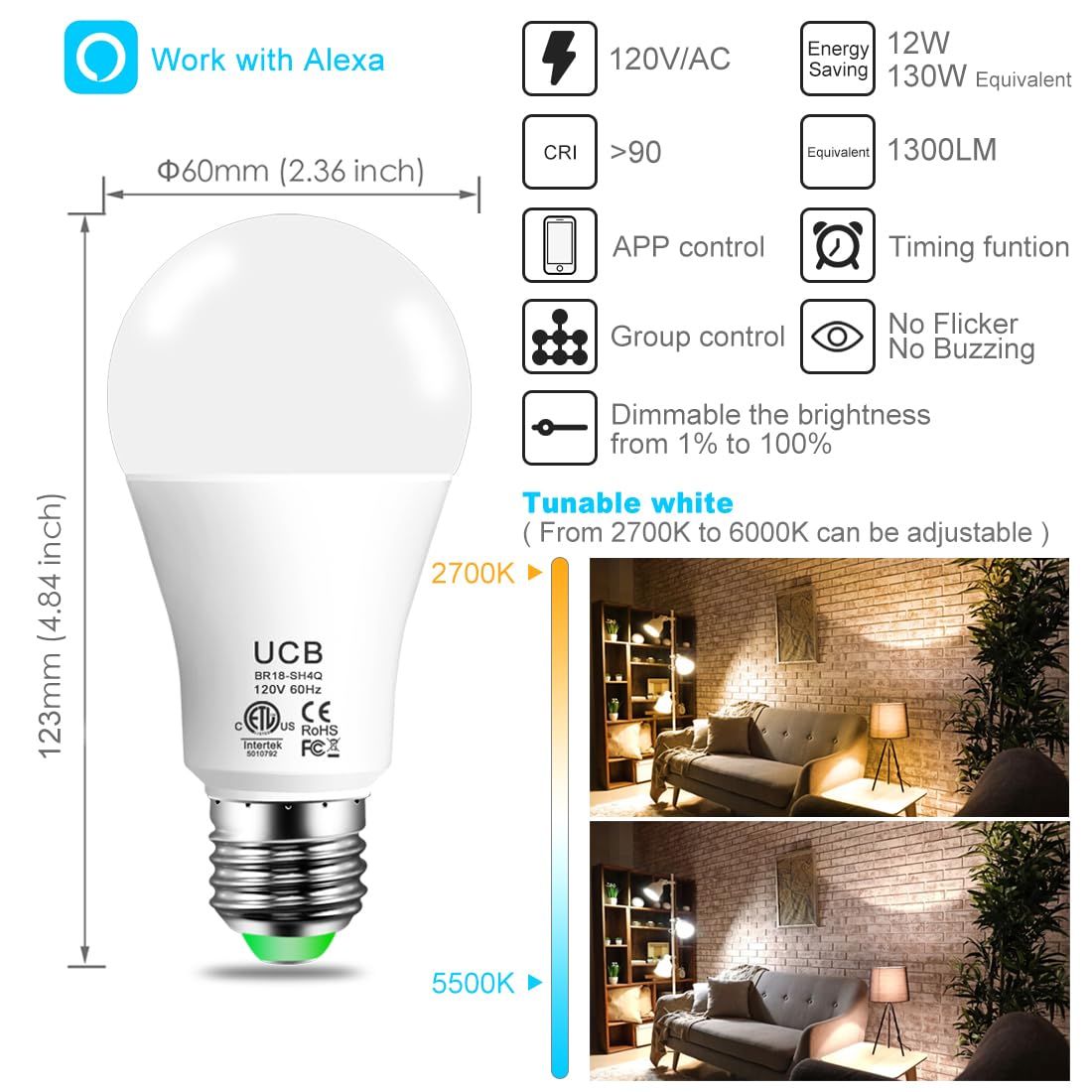 UCB Alexa lightbulb close-up reveals bright LEDs and high CRI for true colors.