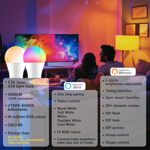 UCB smart bulbs displaying color-change mode for mood lighting