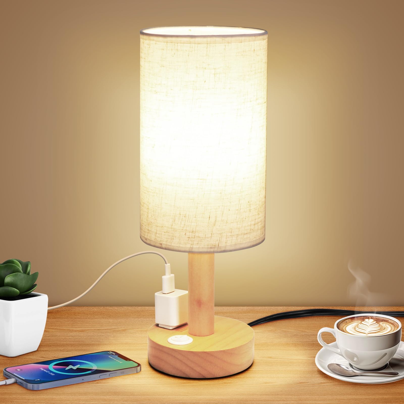 UCHENTON small bedside lamp with AC outlet, natural wood base and linen shade for cozy ambience