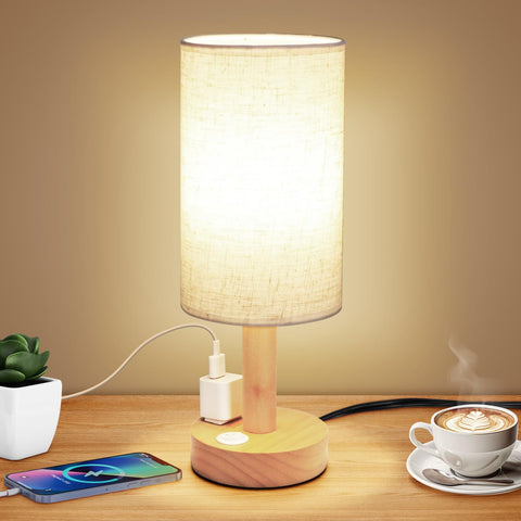 UCHENTON small bedside lamp with AC outlet, natural wood base and linen shade for cozy ambience