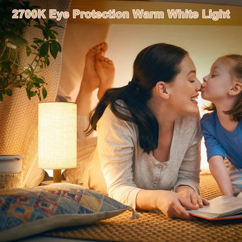 UCHENTON lamp with round fabric shade close-up showing soft diffusion for relaxation.