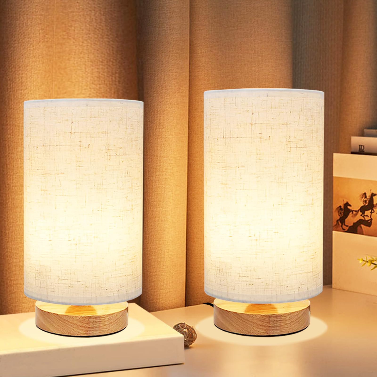 UCHENTON small bedside lamp with wood base and round fabric shade, ideal for two-bedroom sets.