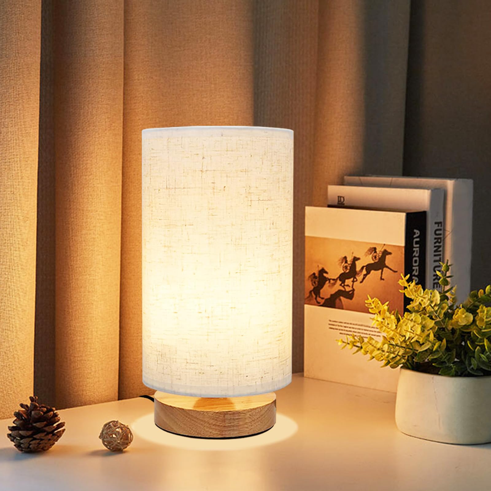 UCHENTON small bedside lamp with wood base and round fabric shade, cozy lighting for bedrooms.