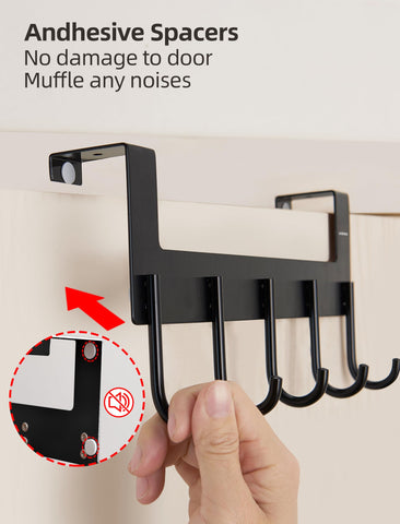 UDENIS brush-finish matte-black over-door rack mounted on a door.