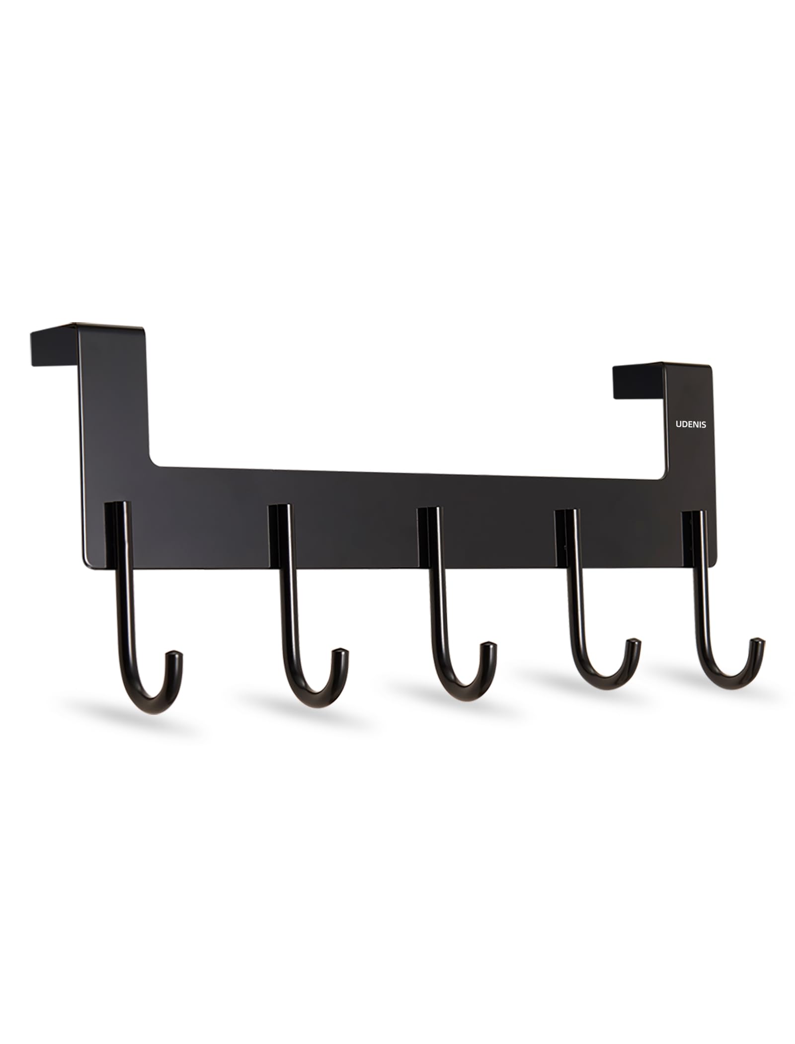 UDENIS over-the-door-hook matte-black front view, space-saving rack for coats and towels.
