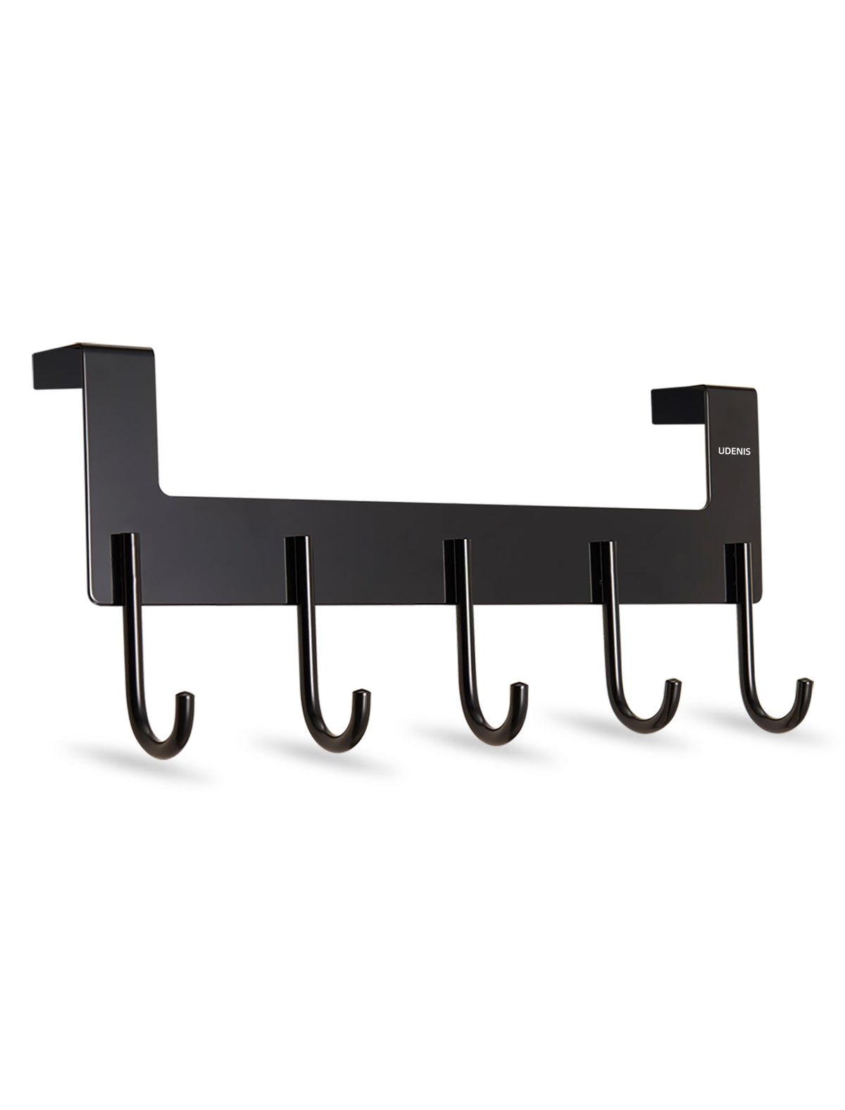 UDENIS over-the-door-hook matte-black front view, space-saving rack for coats and towels.