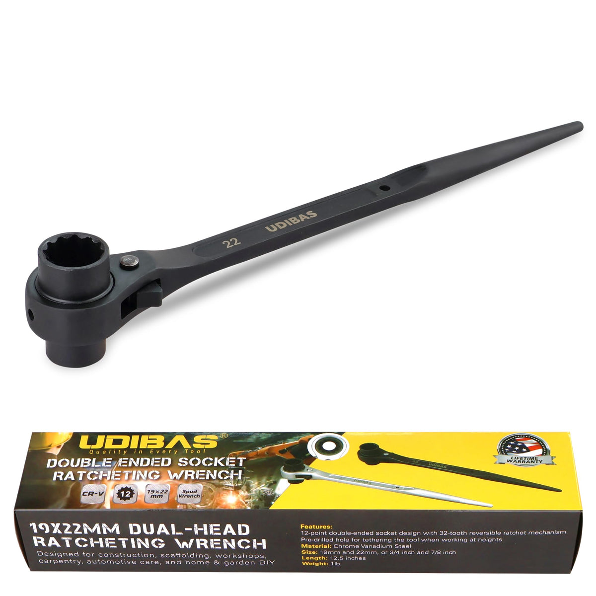 Udibas reversible ratcheting wrench side view for tight spaces and precise turning