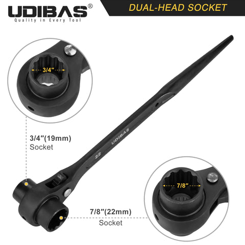 Udibas reversible ratcheting wrench with pre drilled hole for tethering at height