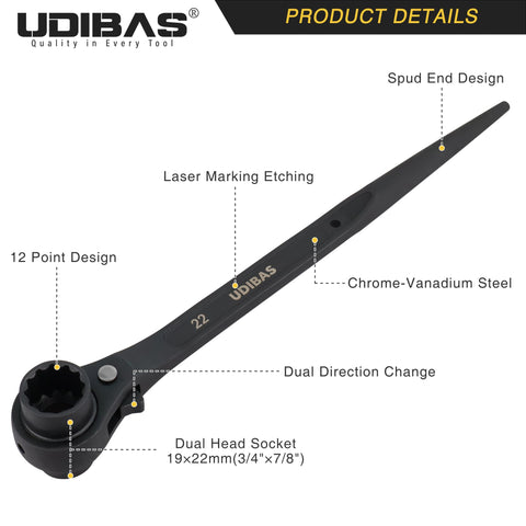 Udibas reversible ratcheting wrench tapered end aligns bolt holes quickly