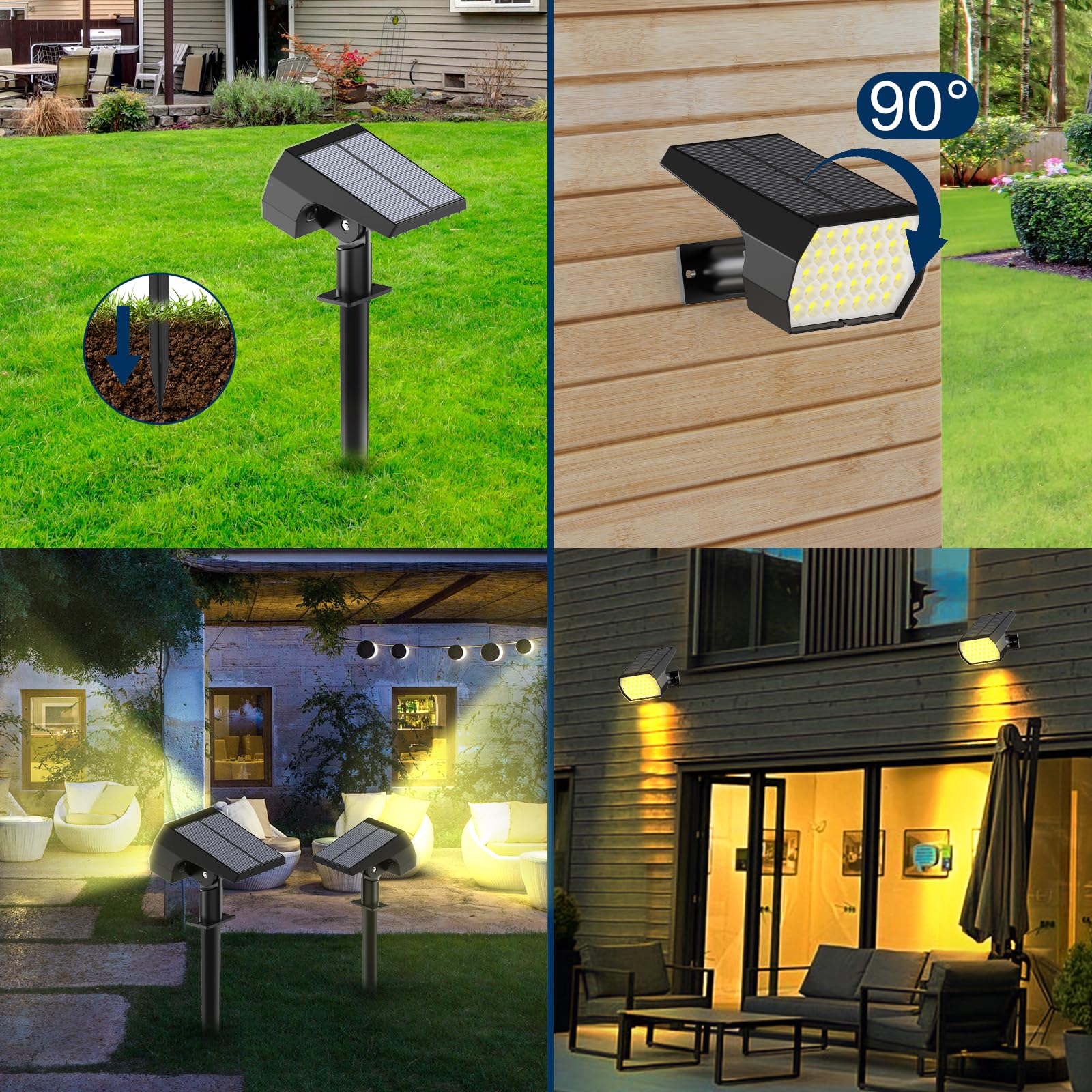 Ugecl solar spot lights feature 74 LEDs for broad coverage.