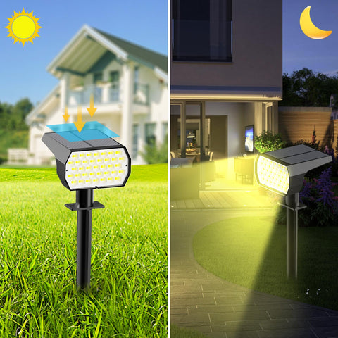 Ugecl solar spot lights brighten a stone pathway for safe nighttime visibility.