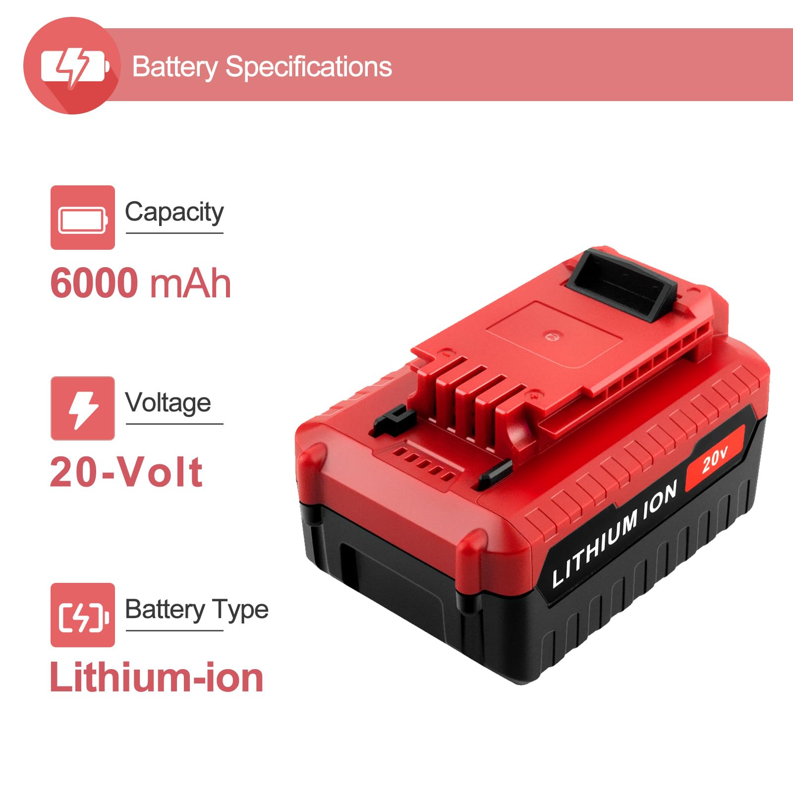 UGLOEY 20V 6Ah battery side view shows compact, easy-to-install design.