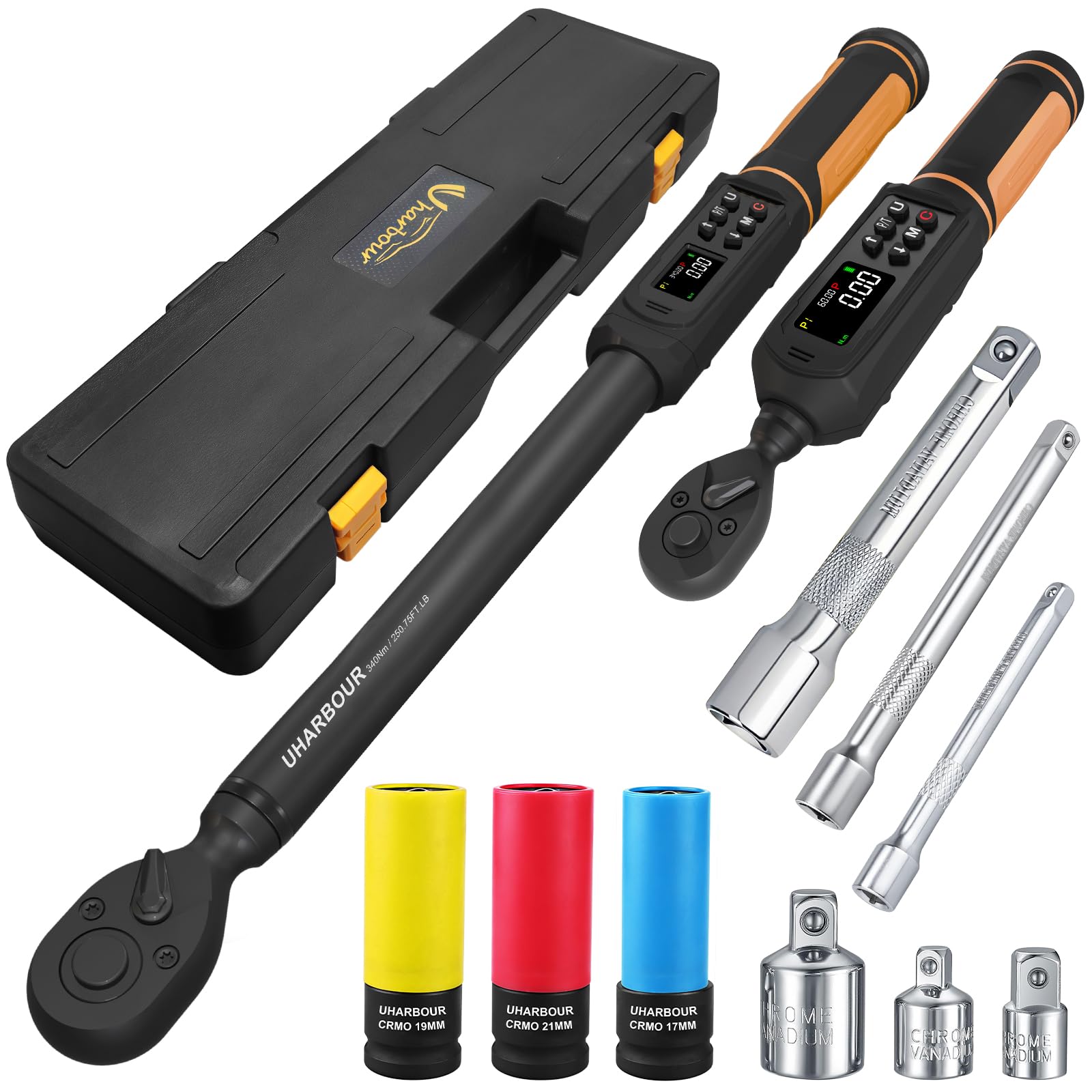 Uharbour digital torque wrench 1/2 drive displays precise readings for heavy-duty tightening.