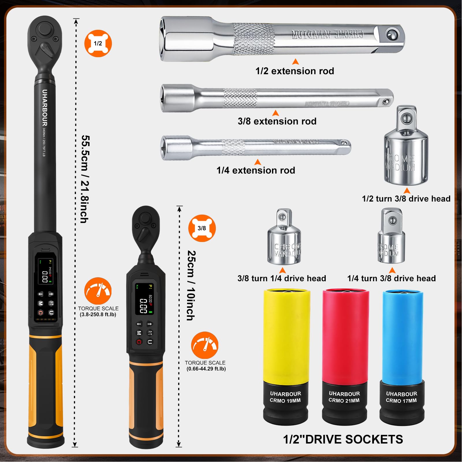 Uharbour digital torque wrench 3/8 drive provides precise torque control for small fasteners.