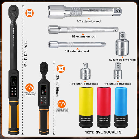 Uharbour digital torque wrench 3/8 drive provides precise torque control for small fasteners.